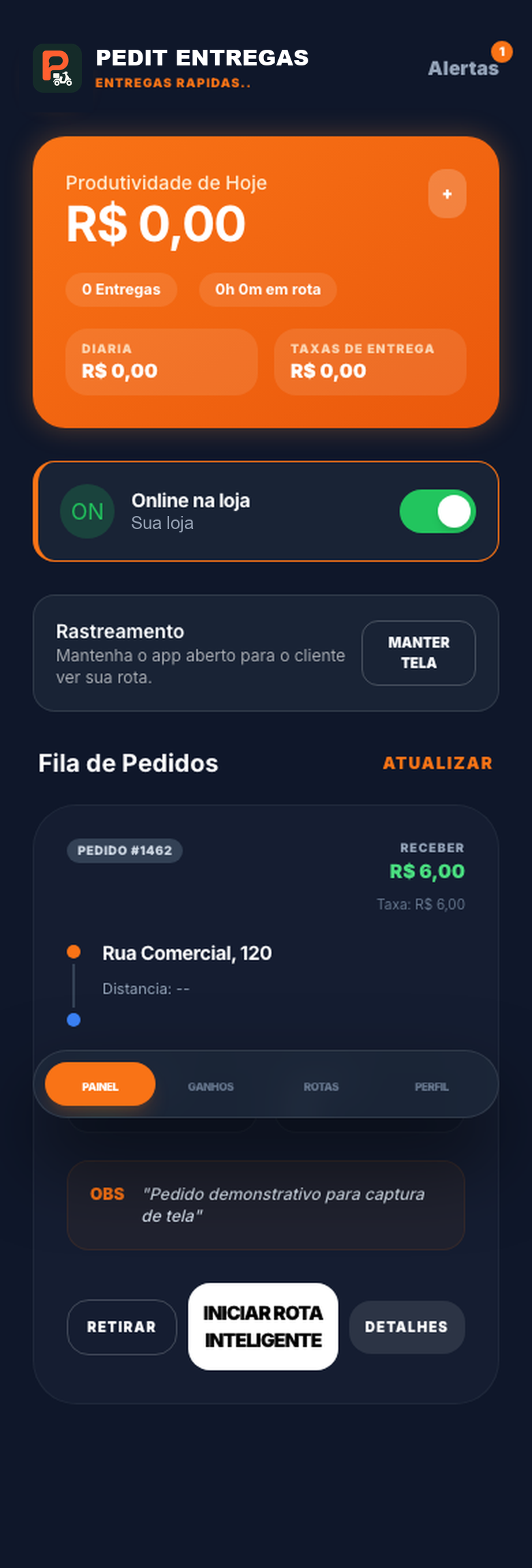 Tela do Pedit Entregador com a produtividade do dia, status online e a fila de pedidos