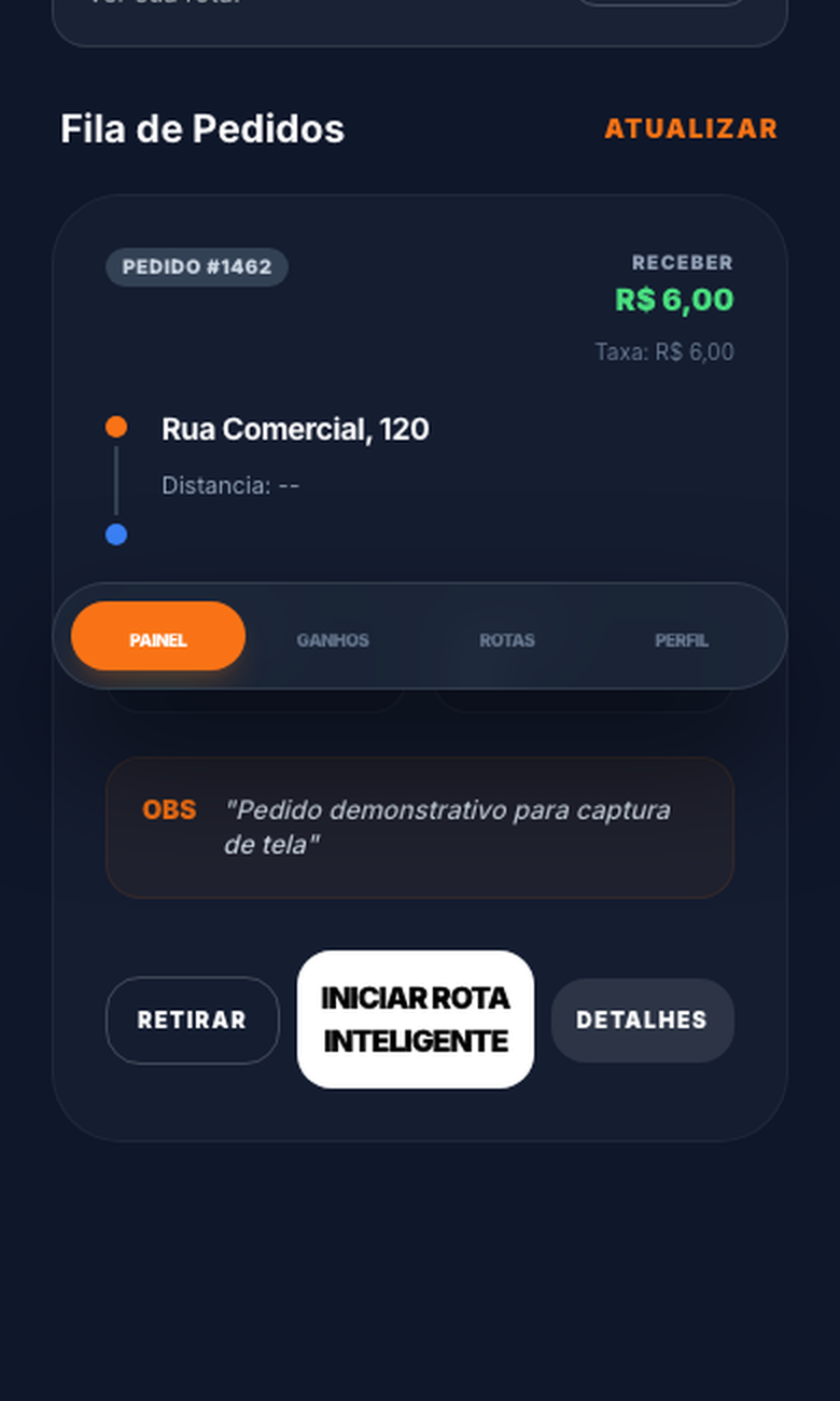 Fila de pedidos do Pedit Entregador com endereço, valor da corrida e o botão para iniciar a rota